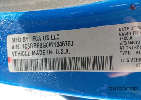 2021 Ram 1500 Big Horn 4X4 6'4 Box z USA, uszkodzony, nr VIN 1C6RRFBG0MN646763